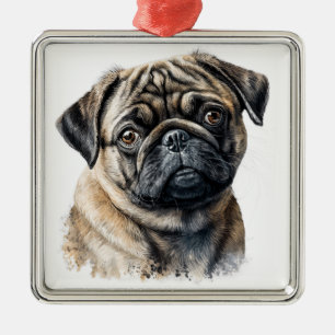 ADORABLE BLACK & TAN PUG PUPPY DOG METAL TREE DECORATION