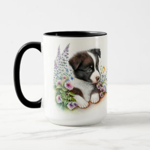 ADORABLE BLACK WHITE BORDER COLLIE PUPPY DOG MUG