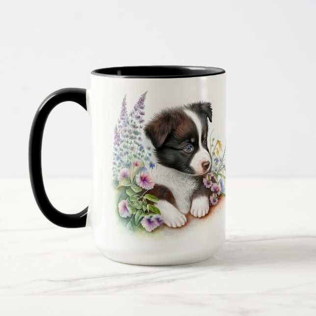 ADORABLE BLACK WHITE BORDER COLLIE PUPPY DOG MUG (Left)