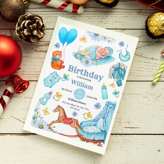 Adorable Blue Baby Birthday Invitation (Creator Uploaded)