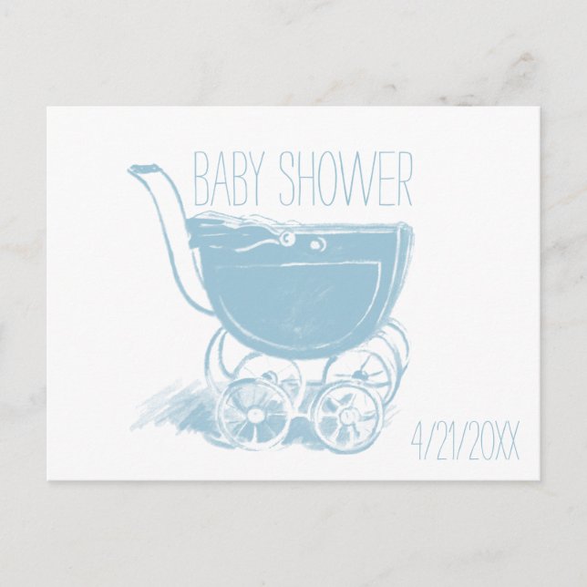 Adorable Blue Baby Boy Carriage Retro Baby Shower Invitation Postcard (Front)