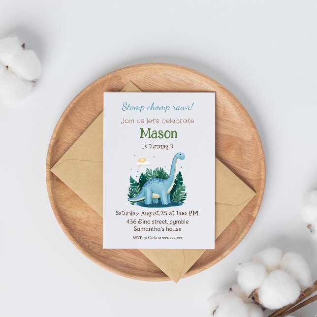 Adorable blue Brachiosaurus Dinosaur birthday  Invitation (Creator Uploaded)