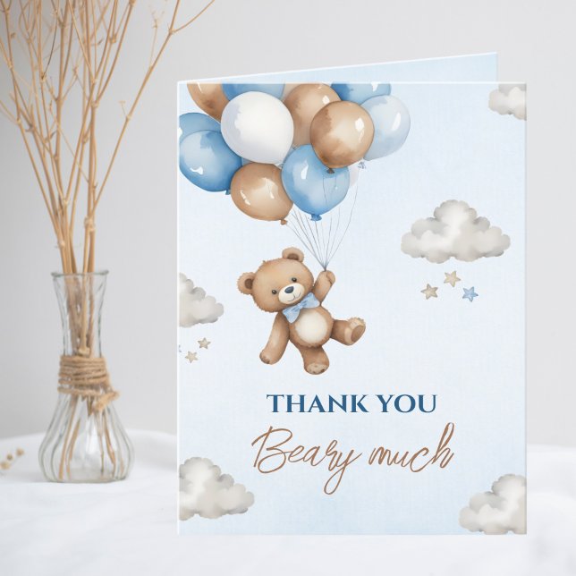 Adorable Blue Brown Bear Ballons Baby Shower  Thank You Card (Creator Uploaded)