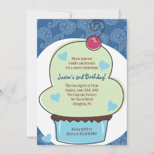 Adorable Blue Cupcake Birthday Invitation