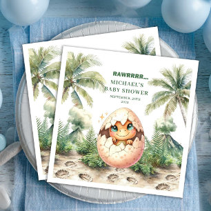 Adorable Blue Dino Baby Shower Hatching Soon Name  Napkin