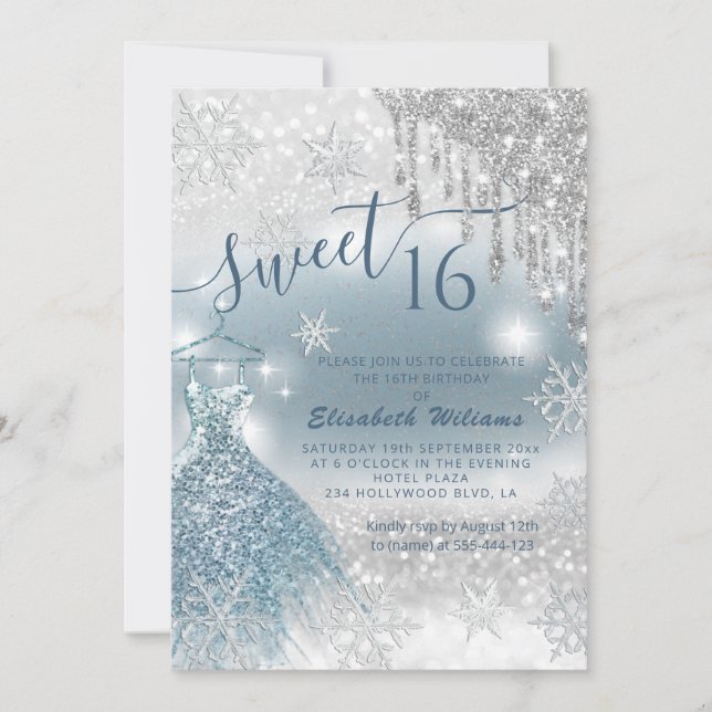 Adorable blue dress silver glittery drips ombre  invitation (Front)