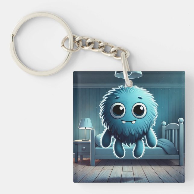Adorable Blue Fluffy Creature Key Ring (Front)