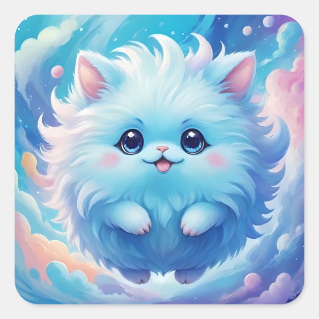 Adorable blue fluffy creature square sticker (Front)