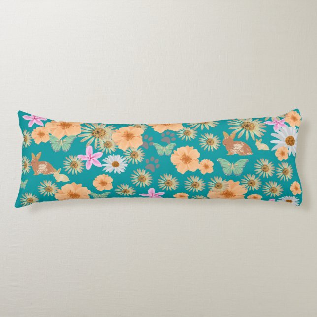 Adorable blue pattern floral rabbits  body cushion (Front)