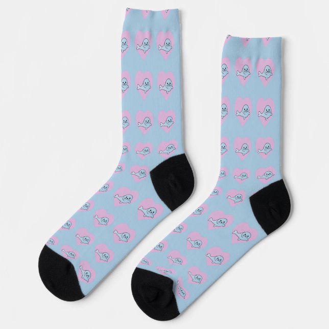 Adorable Blue Seal with a Pink Heart Background Socks (Left)