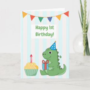 Adorable Blue Striped Dinosaur 1st Birthday Card