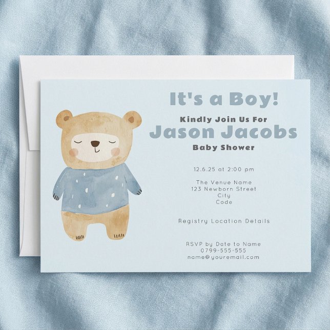 Adorable blue teddy Bear Baby Shower "it's a boy" Invitation (Adorable blue teddy Bear Baby Shower "it's a boy" Invitation.)