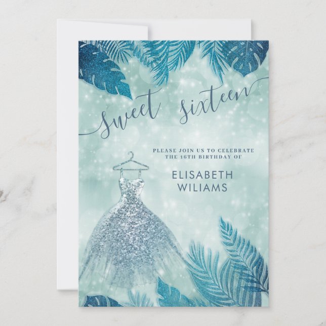 Adorable blue tropical leaves bokeh sweet 16  invitation (Front)