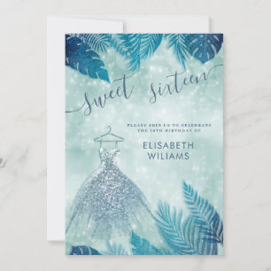 Adorable blue tropical leaves bokeh sweet 16  invitation