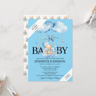 Adorable Blue Watercolor Teddy Bear Baby Shower Invitation
