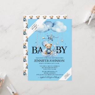 Adorable Blue Watercolor Teddy Bear Baby Shower Invitation