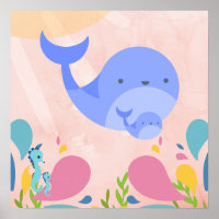Adorable blue whales in a baby pink ocean scene,