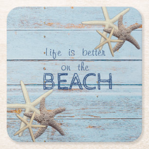 Adorable Blue Wood Texture,Starfish  Square Paper Coaster