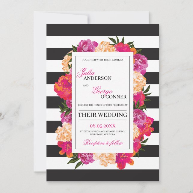 Adorable blush pink fuchsia floral boho wedding invitation (Front)