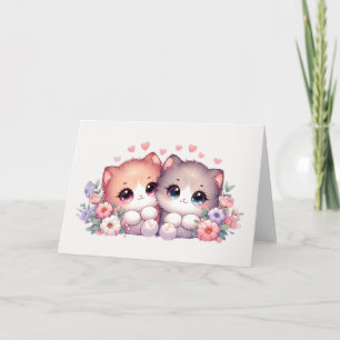 Adorable Blushing Kitten Pair Heart & Floral Blank Card
