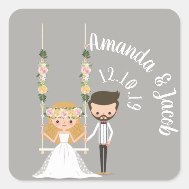 Adorable Boho Hipster Wedding Couple Square Sticker (Front)