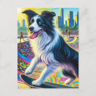 Adorable Border Collie Skateboarding Postcard