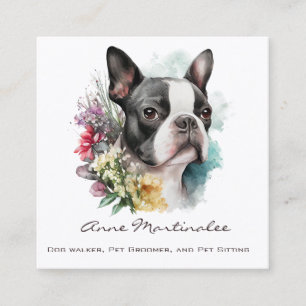 Adorable Boston Terrier and Flowers Watercolor Square Business Card