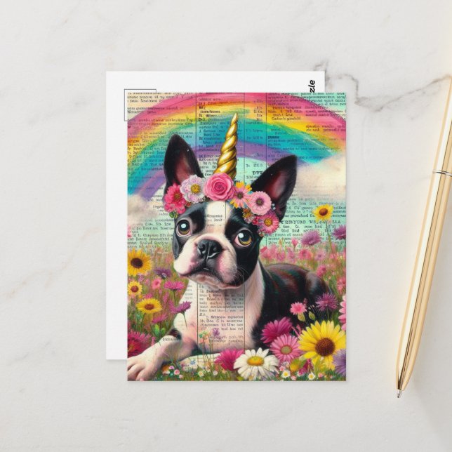 Adorable Boston Terrier Unicorn Puppy Wildflowers Postcard (Front/Back In Situ)