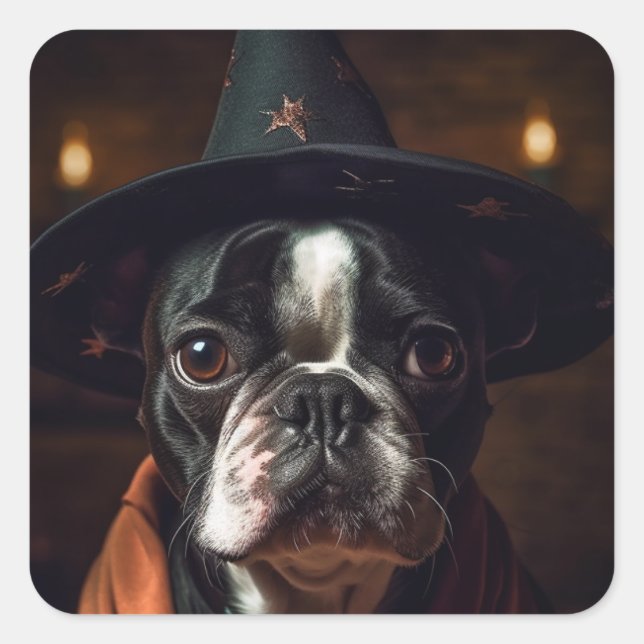 Adorable Boston Terrier Witch Square Sticker (Front)