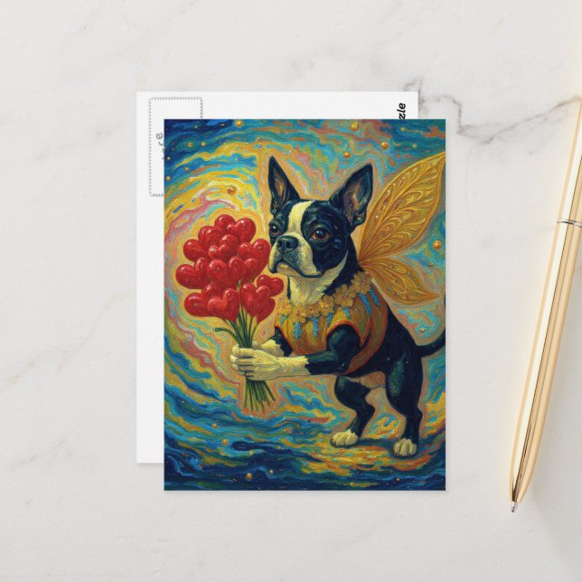 Adorable Boston Terrier With Hearts Postcard (Front/Back In Situ)