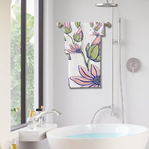Adorable botanical pattern Pink and green l White Bath Towel Set
