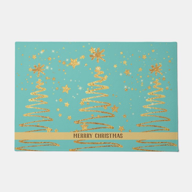 Adorable bright sparkling gold tree modern blue doormat (Front)