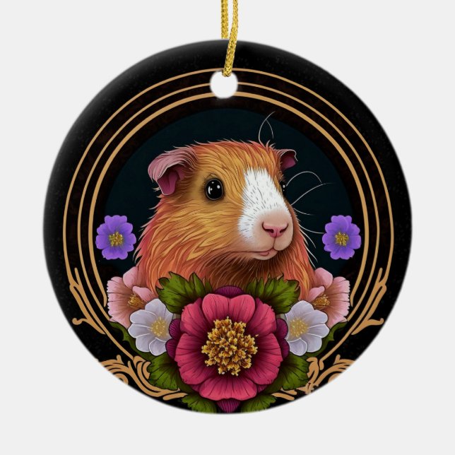Adorable brown and white guinea pig ceramic tree decoration (Front)