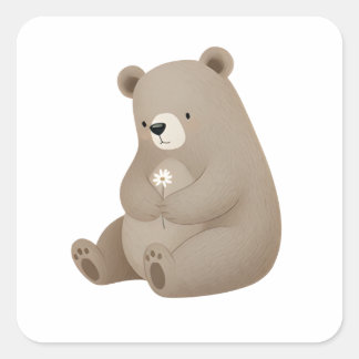 Adorable Brown Bear with Daisy – Illustration Square Sticker