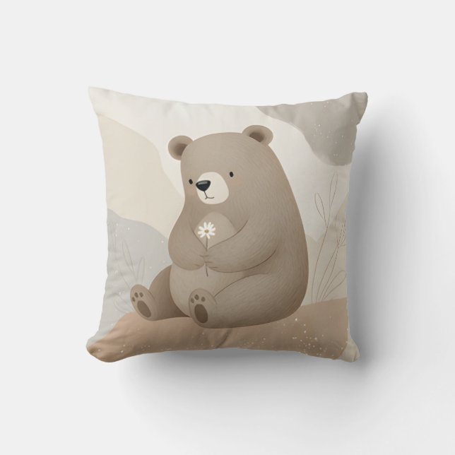 Adorable Brown Bear with Daisy - Watercolor Cushion (Front)