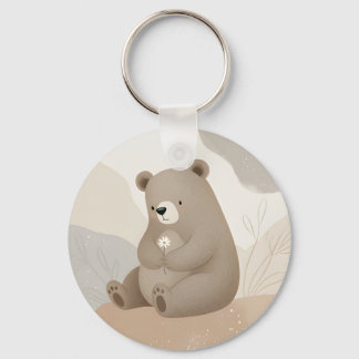 Adorable Brown Bear with Daisy - Watercolor Key Ring