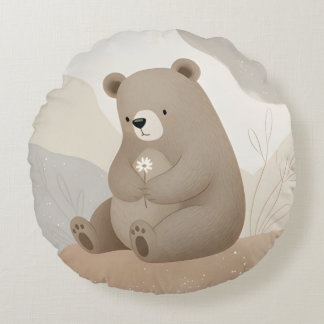 Adorable Brown Bear with Daisy - Watercolor Round Cushion