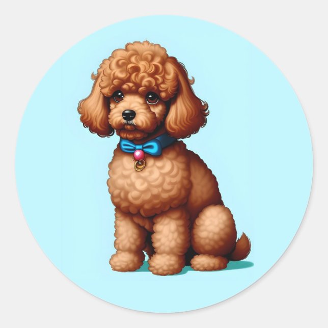 Adorable Brown Toy Poodle with Blue Background Classic Round Sticker (Front)