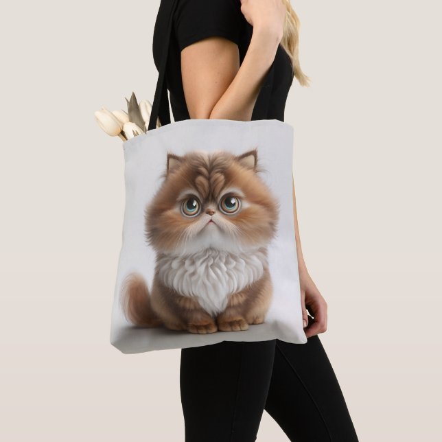 ADORABLE BROWN WHITE CARTOON FANTASY CAT TOTE BAG (Close Up)