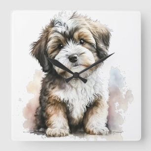 ADORABLE BROWN & WHITE HAVANESE PUPPY DOG SQUARE WALL CLOCK