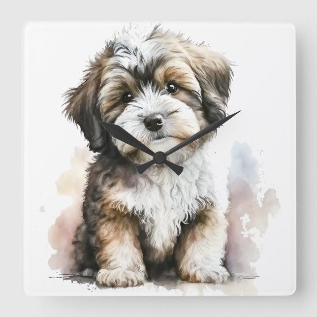 ADORABLE BROWN & WHITE HAVANESE PUPPY DOG SQUARE WALL CLOCK (Front)
