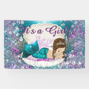 Adorable Brunette Mermaid Princess Baby Shower Banner