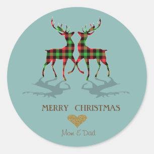 Adorable Buffalo Plaid Reindeers,Heart  Classic Round Sticker