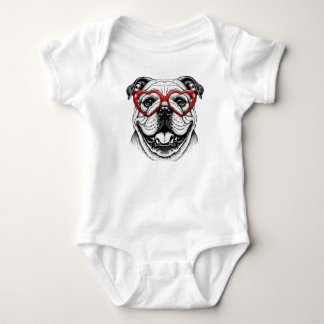 Adorable Bulldog in Red Heart Glasses - Love Dog Baby Bodysuit
