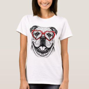 Adorable Bulldog in Red Heart Glasses - Love Dog T-Shirt