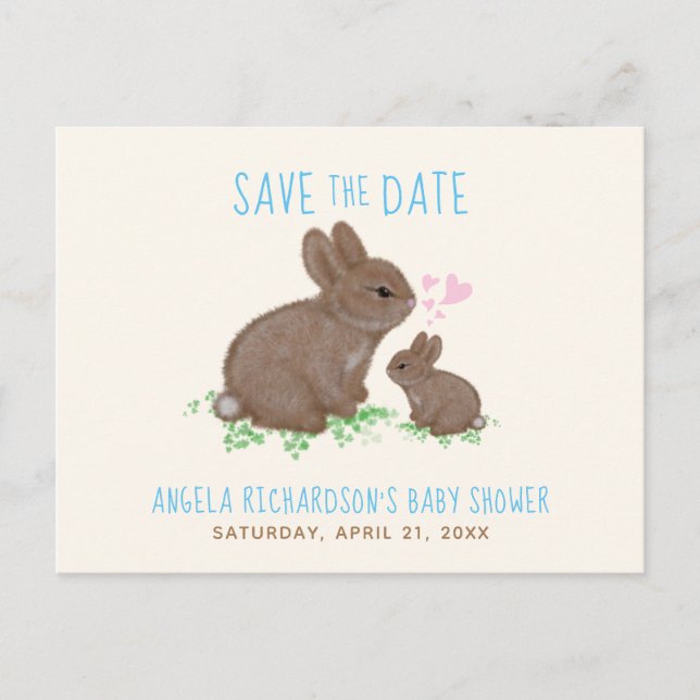 Adorable Bunnies Boy Baby Shower Save The Date Announcement Postcard (Front)