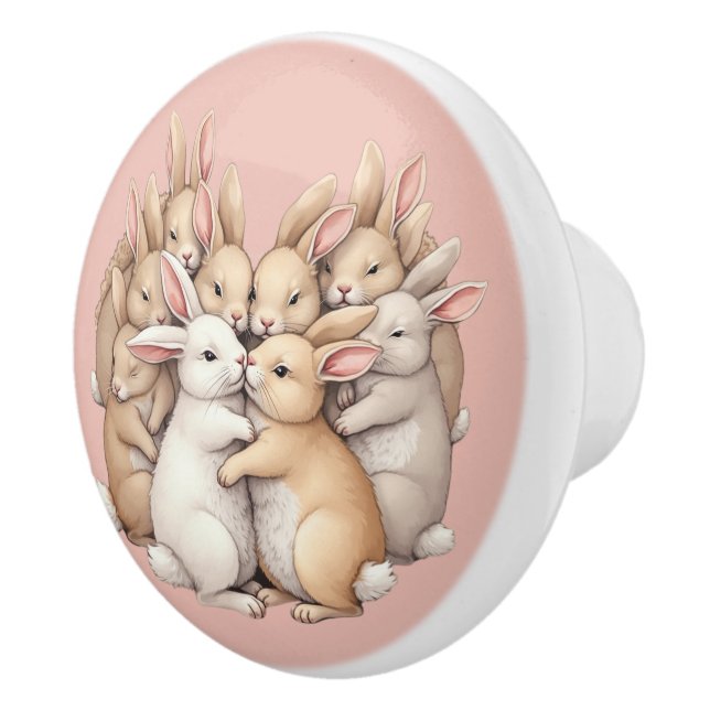 Adorable Bunnies in a Cosy Pastel Hug Illustration Ceramic Knob (Right)