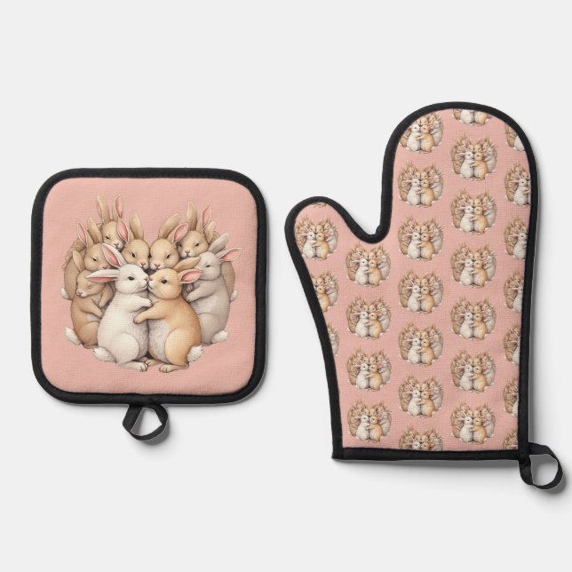 Adorable Bunnies in a Cosy Pastel Hug Illustration Oven Mitt & Pot Holder Set (Front)