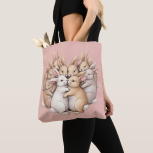 Adorable Bunnies in a Cosy Pastel Hug Illustration Tote Bag