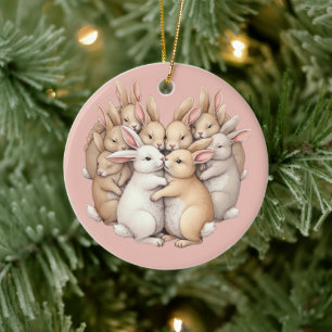Adorable Bunnies in a Cozy Pastel Hug Illustration Ceramic Tree Decoration
